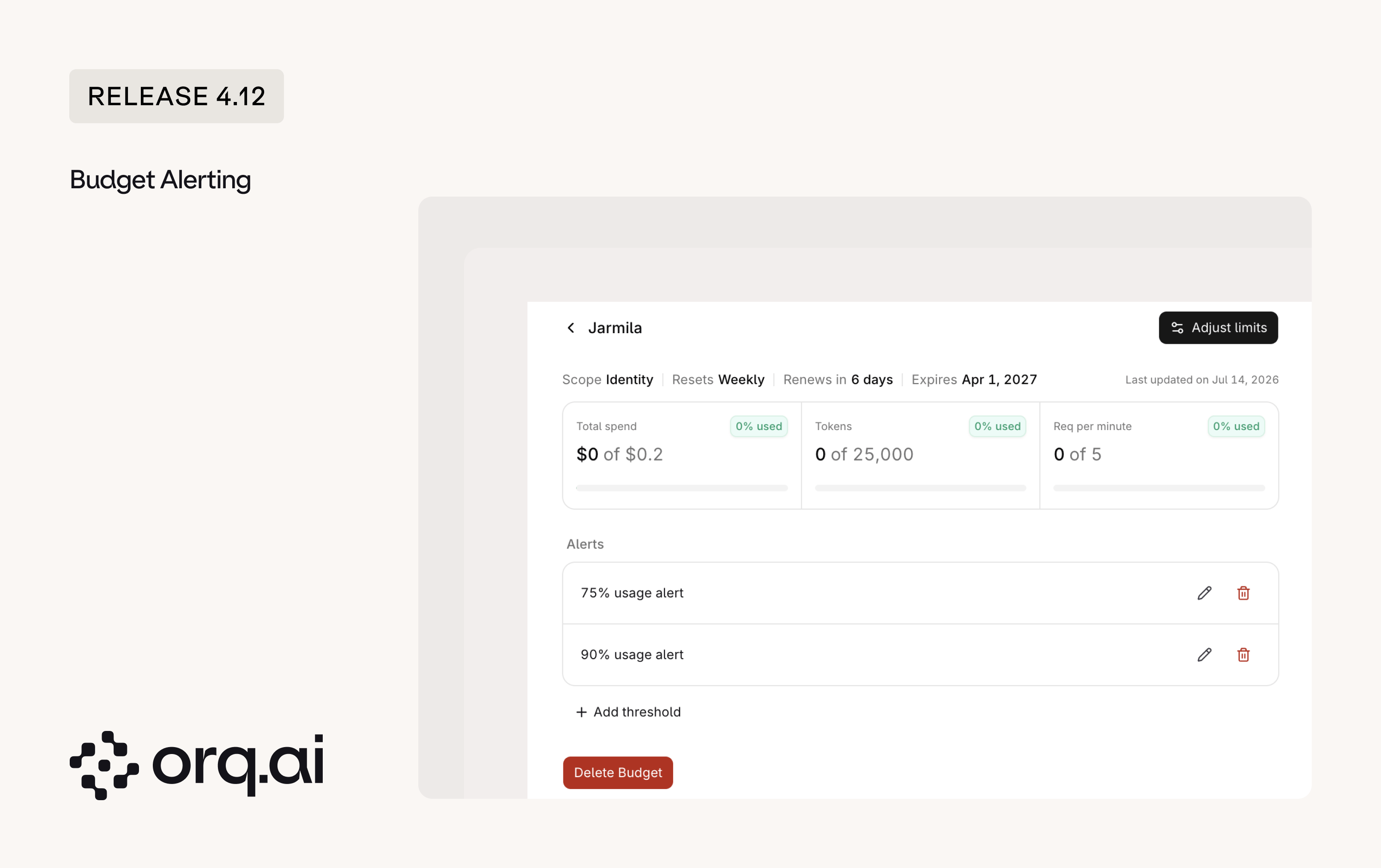 Budget detail page for an Identity-scoped budget showing spend, token and request-per-minute limits with 75% and 90% usage alerts