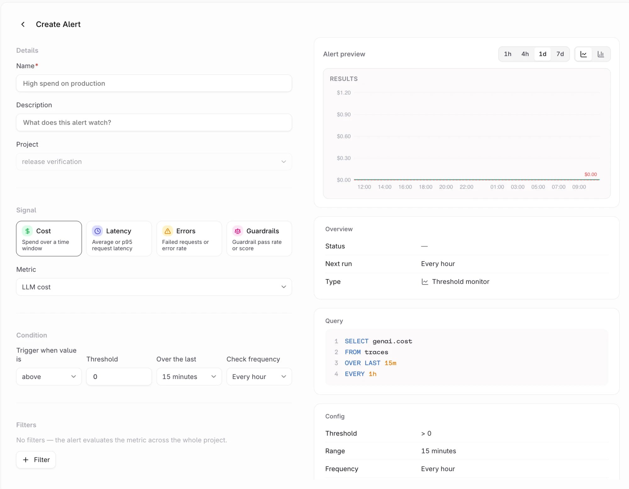 Create Alert form with Details, Signal, Condition, and Filters sections beside a live alert preview chart.