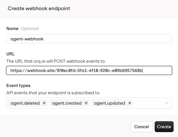 Webhook creation form with name, URL, and event type fields