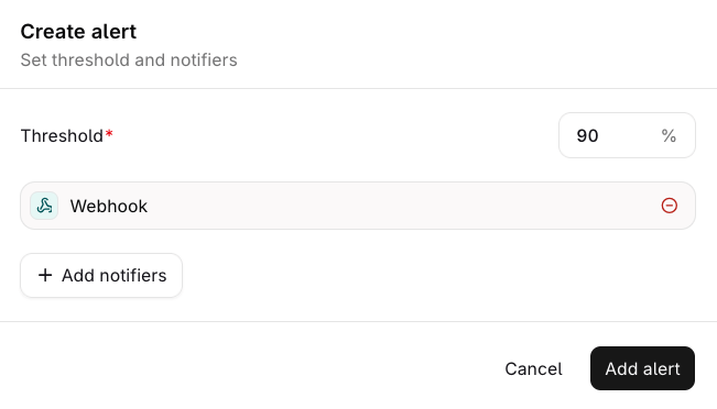 Create alert dialog showing a 90% threshold, a Webhook notifier chip, and Add notifiers, Cancel, and Add alert buttons.