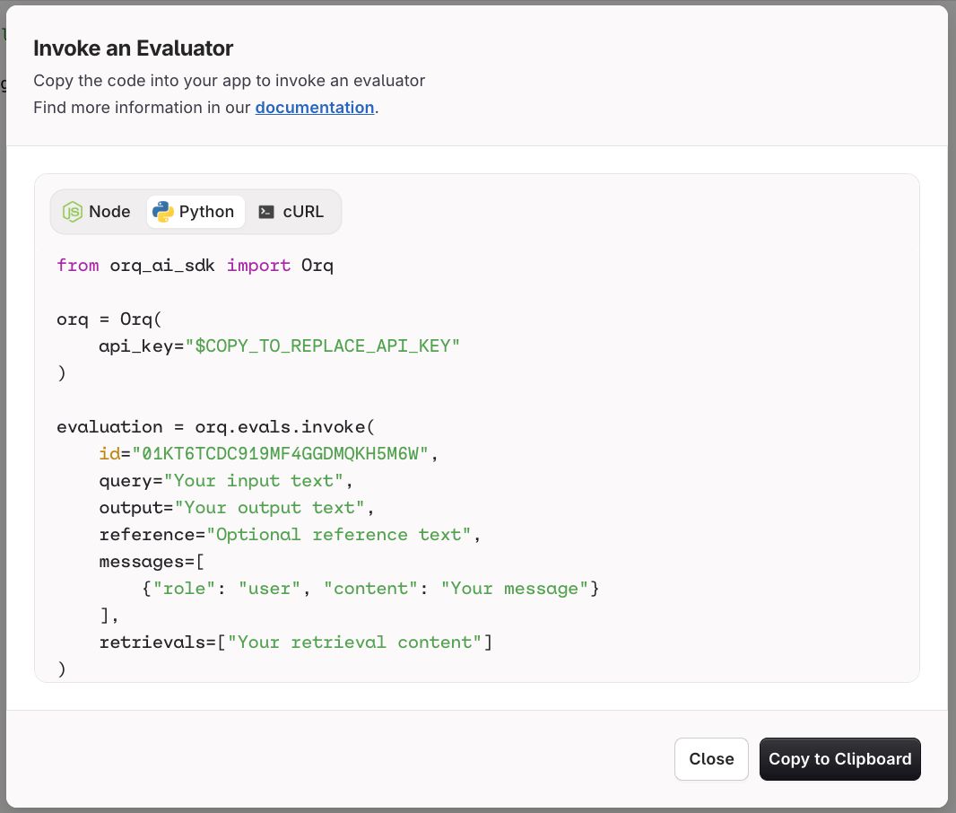 Invoke an Evaluator dialog in AI Studio, with Node, Python, and cURL tabs above a copy-ready snippet for the selected language.