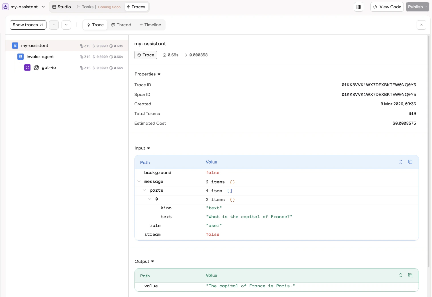 my-assistant traces in orq.ai Studio