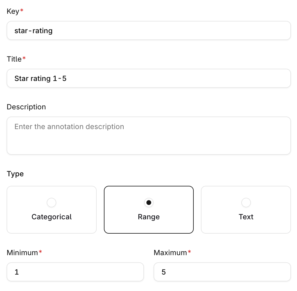 Annotation definition form with Key set to star-rating, Title set to Star rating 1-5, Type set to Range, and Minimum 1 and Maximum 5.