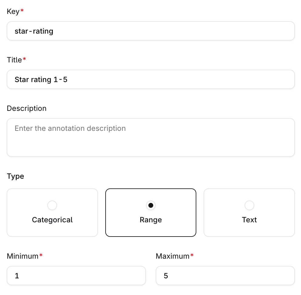 Annotation definition form with Key set to star-rating, Title set to Star rating 1-5, Type set to Range, and Minimum 1 and Maximum 5.