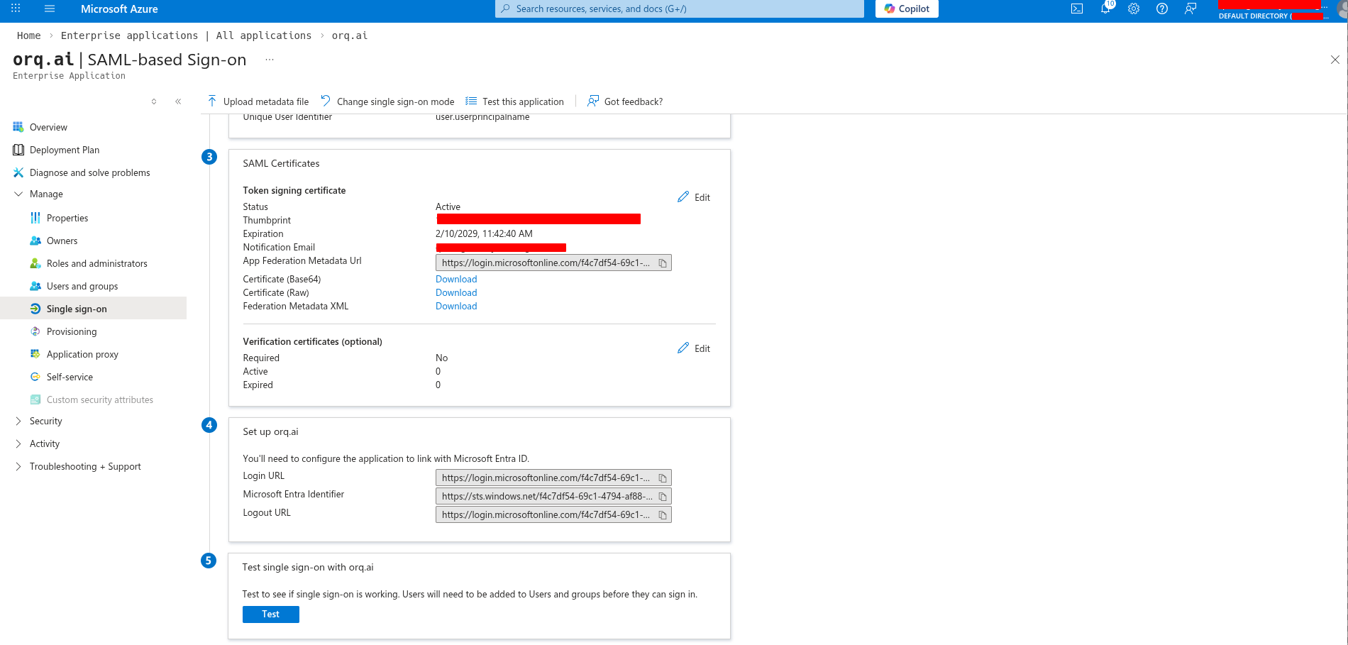 SAML Certificates and Set up sections