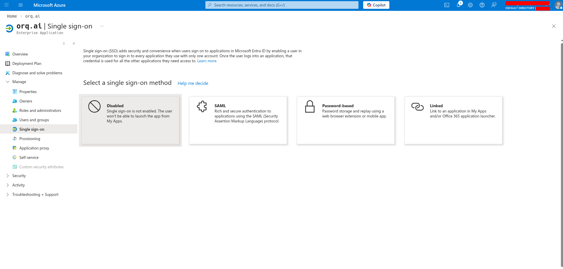 Select SAML as the single sign-on method