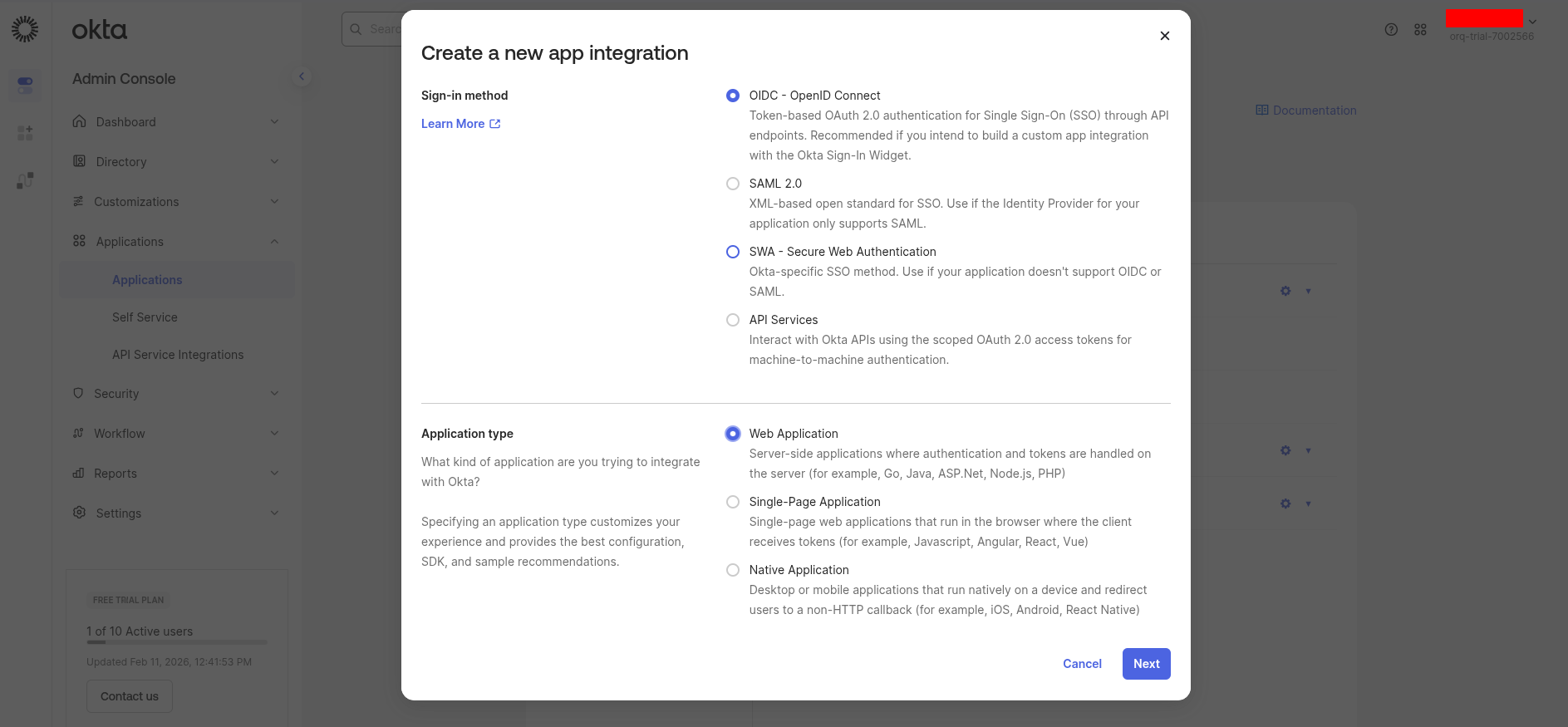 Select OIDC and Web Application
