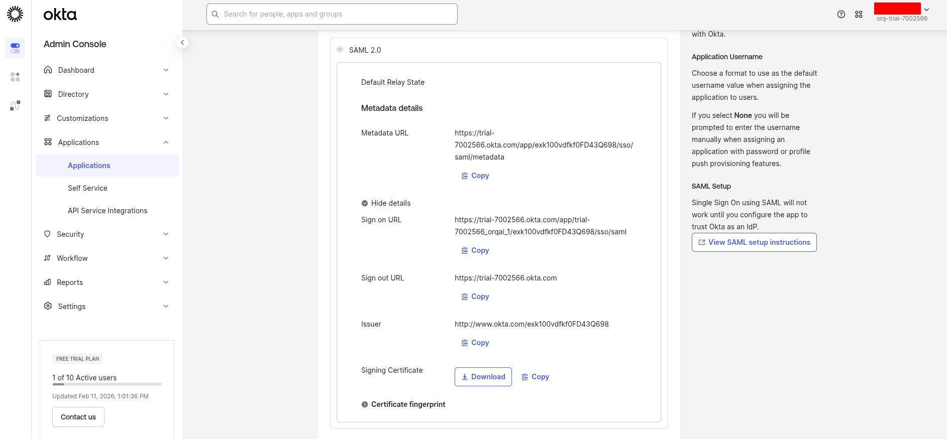 Metadata details with credentials