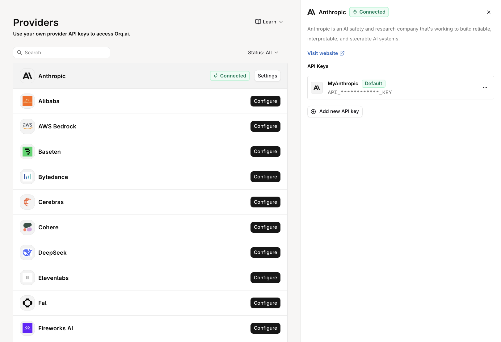 Providers page showing the Anthropic row with a Connected badge and a Settings button, the remaining providers with Configure buttons, and the Anthropic panel with the API Keys list, one key marked Default, and an Add new API key button.
