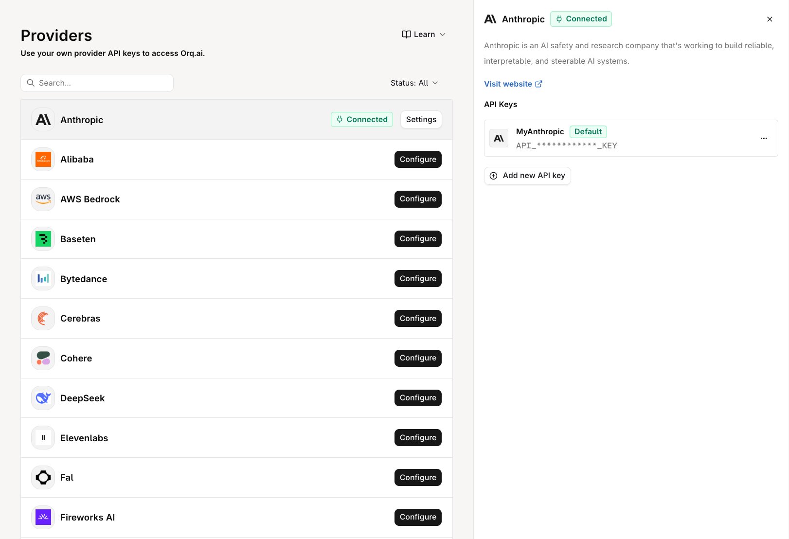 Providers page showing the Anthropic row with a Connected badge and a Settings button, the remaining providers with Configure buttons, and the Anthropic panel with the API Keys list, one key marked Default, and an Add new API key button.