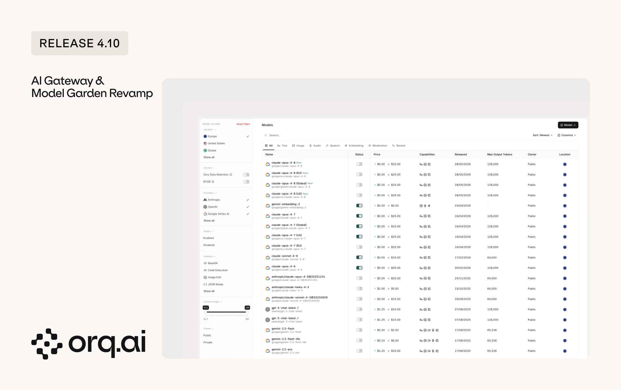 Model Garden listing models in a table with columns for status, price, capabilities, token limits, owner, and location, next to a filter sidebar