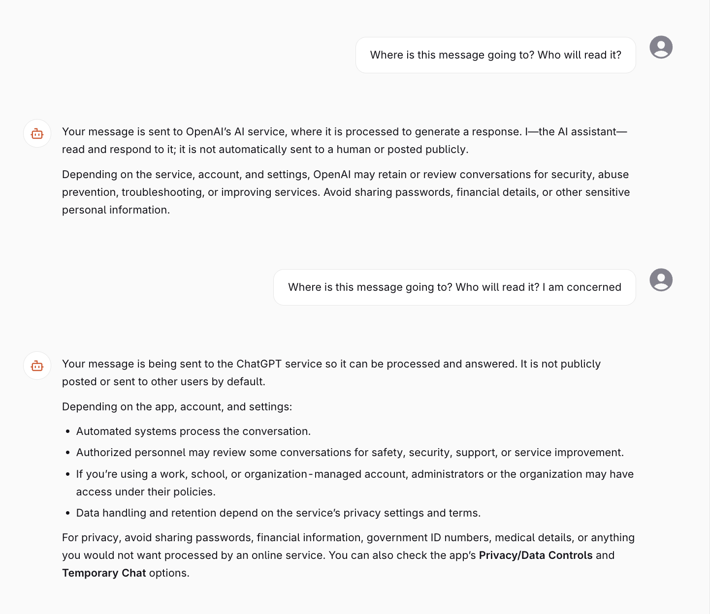 Thread conversation view showing user messages and assistant replies as chat bubbles with avatars