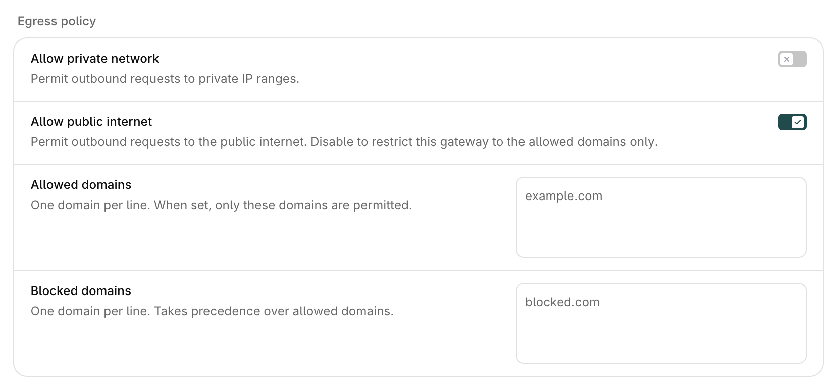 Egress policy section with Allow private network switched off, Allow public internet switched on, and empty Allowed domains and Blocked domains text areas
