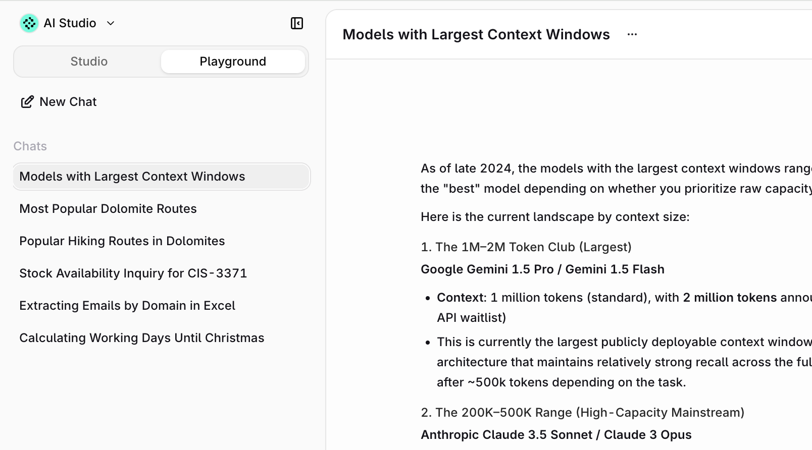 Playground with the chat list in the sidebar and an open conversation about model context windows