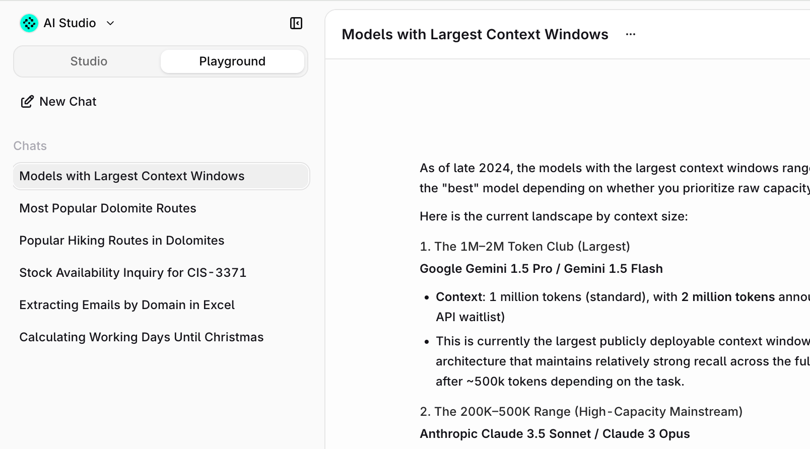 Playground with the chat list in the sidebar and an open conversation about model context windows