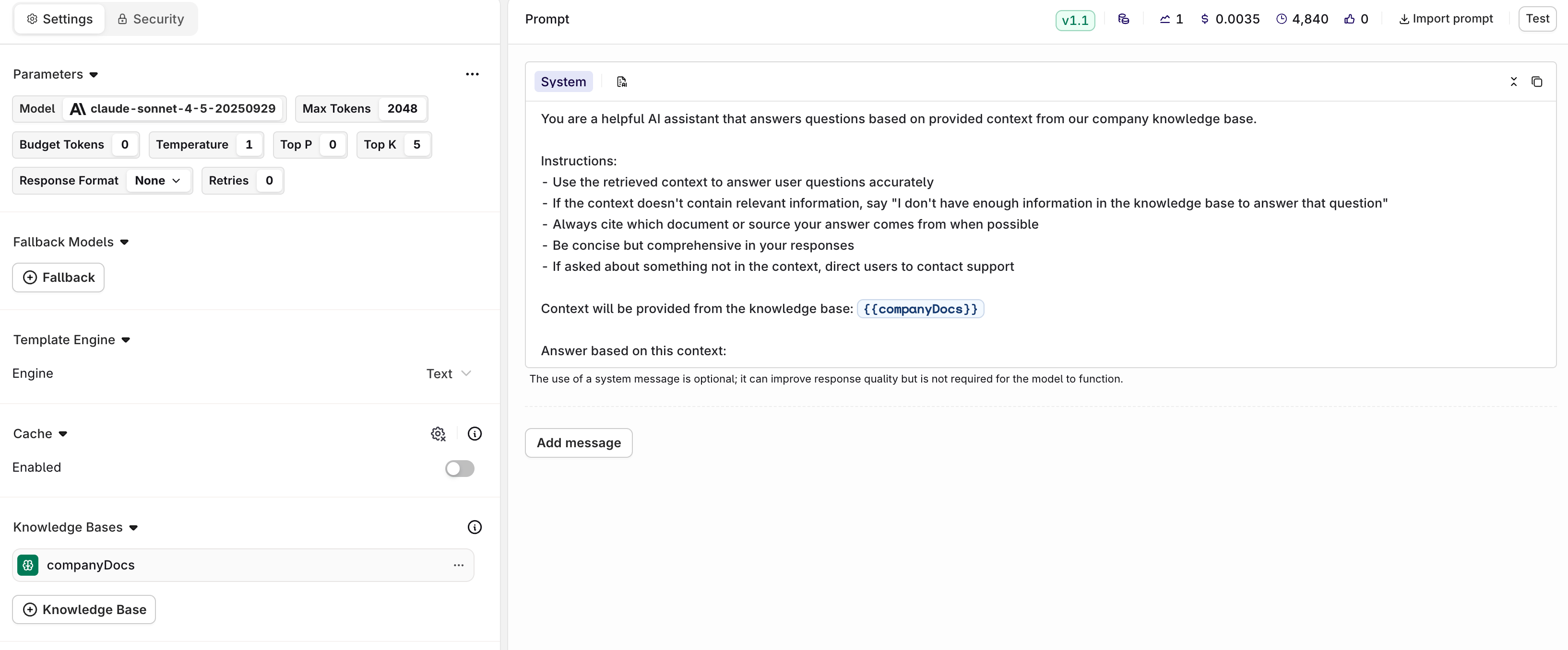 Deployment editor with the companyDocs knowledge base attached under the Knowledge Bases section and a system prompt referencing the {{companyDocs}} variable