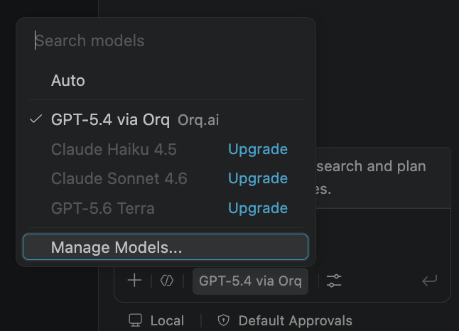Chat model picker showing GPT-5.4 via Orq selected under the Orq.ai group, alongside built-in models and a Manage Models option.