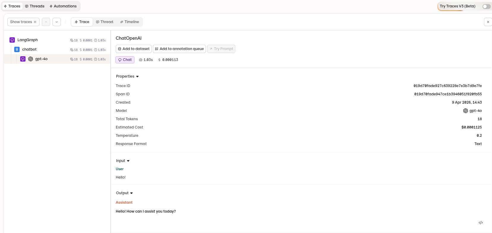 LangChain trace in the AI Studio