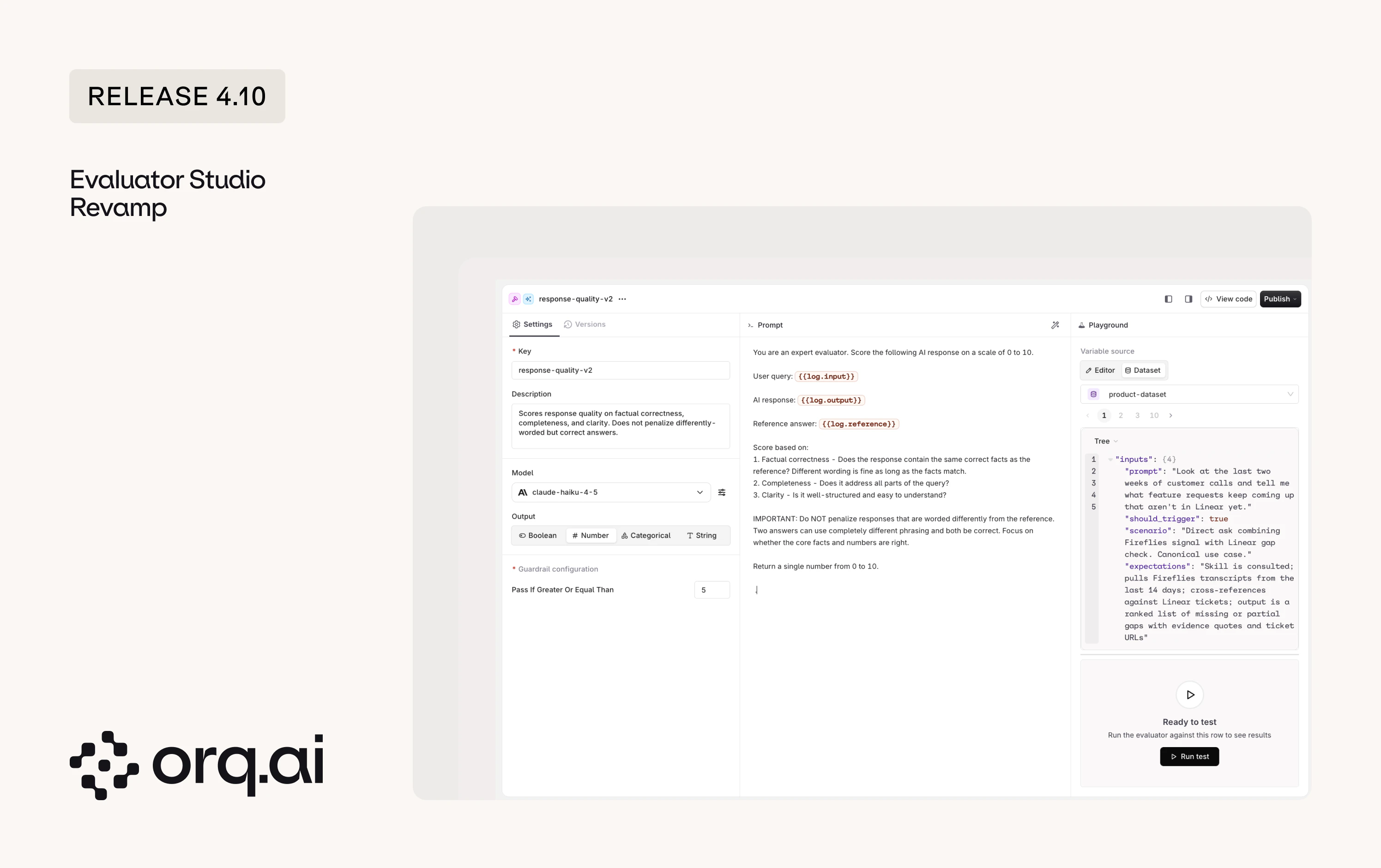 Evaluator Studio with the evaluator settings and prompt in the center and a Playground testing panel on the right offering Editor and Dataset tabs with a Run test action