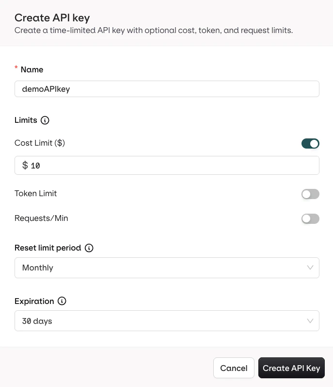 API key creation modal with fields for name, expiration date, cost limit, token limit, requests per minute, and reset period.