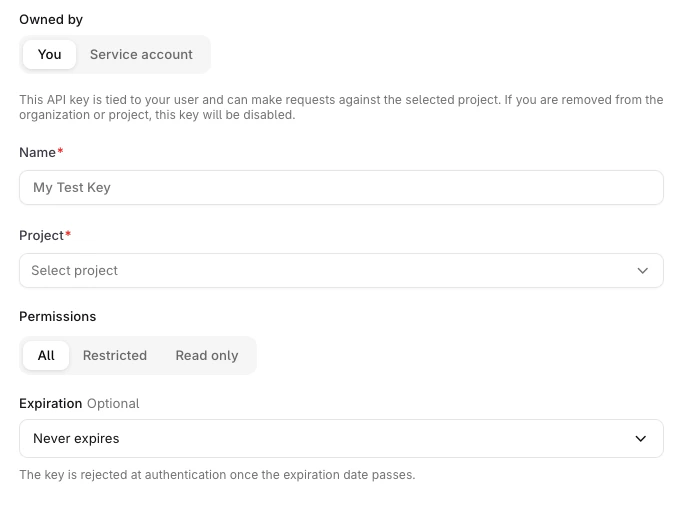 Create API key panel showing fields for owner, name, project, permissions, and expiration.