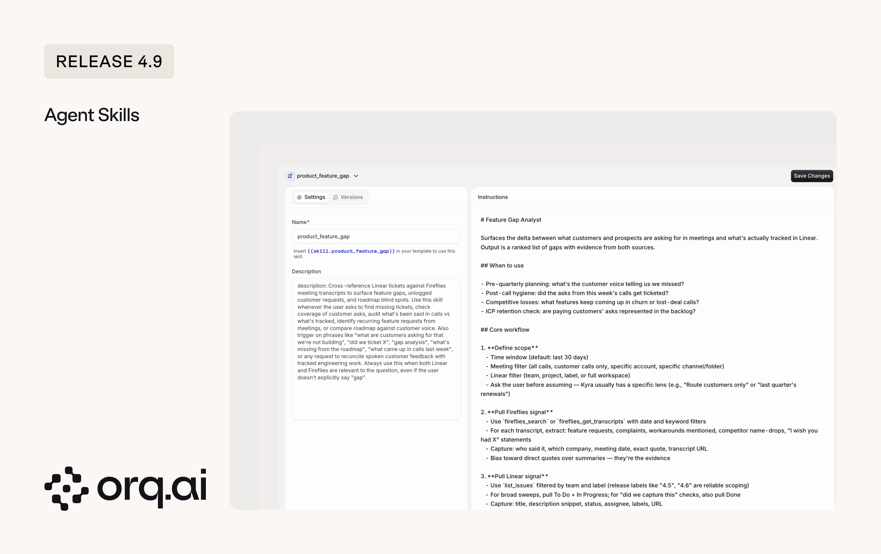 Product feature gap Skill open in AI Studio, showing the description and instructions that define a Linear and Fireflies workflow