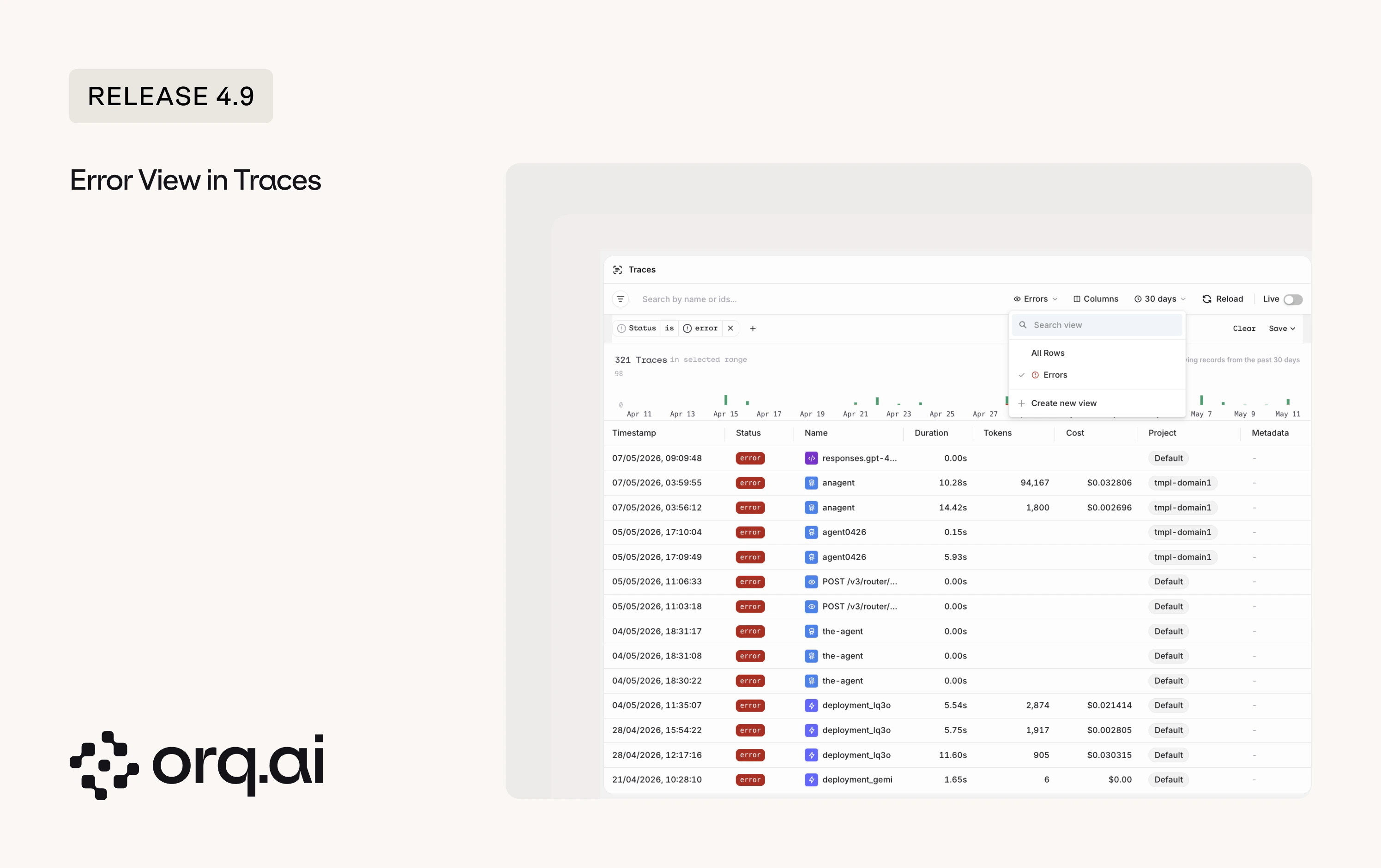 Traces filtered to errors with the view selector showing All Rows, Errors, and Create new view