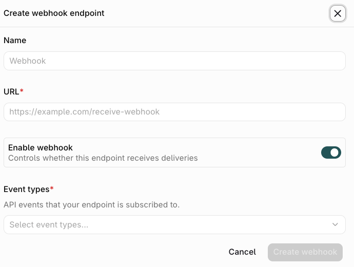Create webhook endpoint sheet with Name, URL, Enable webhook, and Event types
fields