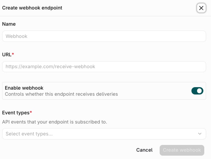 Create webhook endpoint sheet with Name, URL, Enable webhook, and Event types
fields