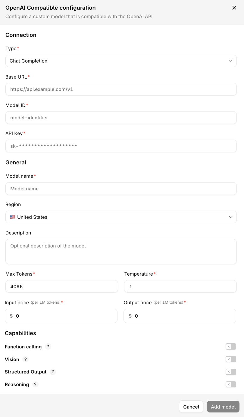 OpenAI Compatible configuration form showing Connection fields for Type, Base URL, Model ID and API Key, General fields for model name, region, description, token limits and per-token prices, and Capabilities toggles for function calling, vision, structured output and reasoning