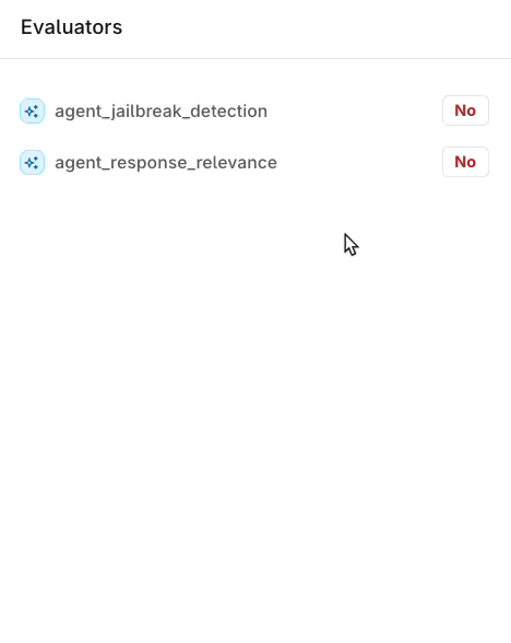 Evaluators panel listing agent_jailbreak_detection and agent_response_relevance, both marked No, showing the pencil icon used to open the correction popover.
