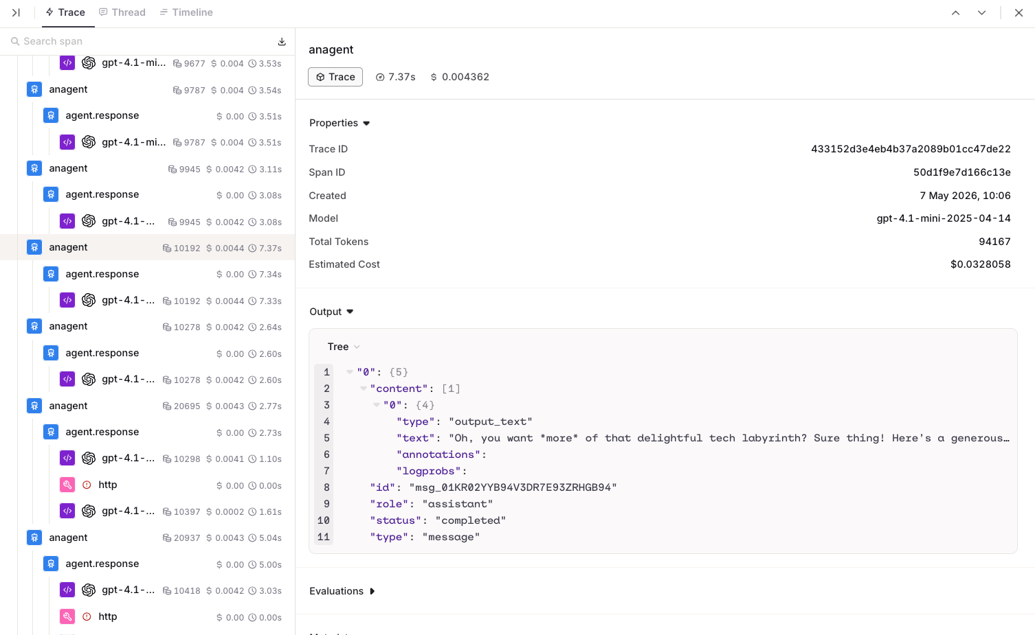 Trace view showing the single-product-agent span tree with nested invoke-agent, gpt-4o chat-completion, and current_date spans, with properties panel on the right.