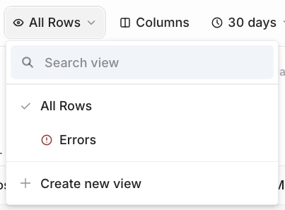 Traces view dropdown showing a default Errors view alongside any custom saved views.