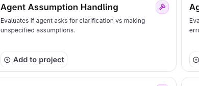Marketplace view of the Agent Assumption Handling evaluator card with its description and an Add to project button.