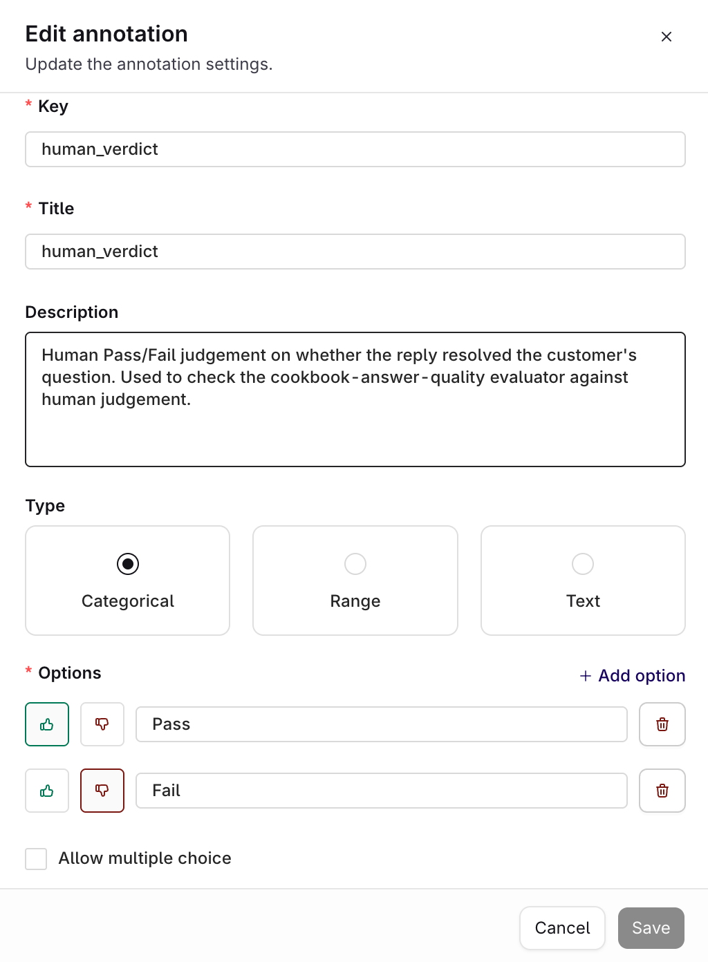 Add annotation dialog with Key and Title set to human_verdict, Type set to Categorical, and Pass and Fail listed as the two options.