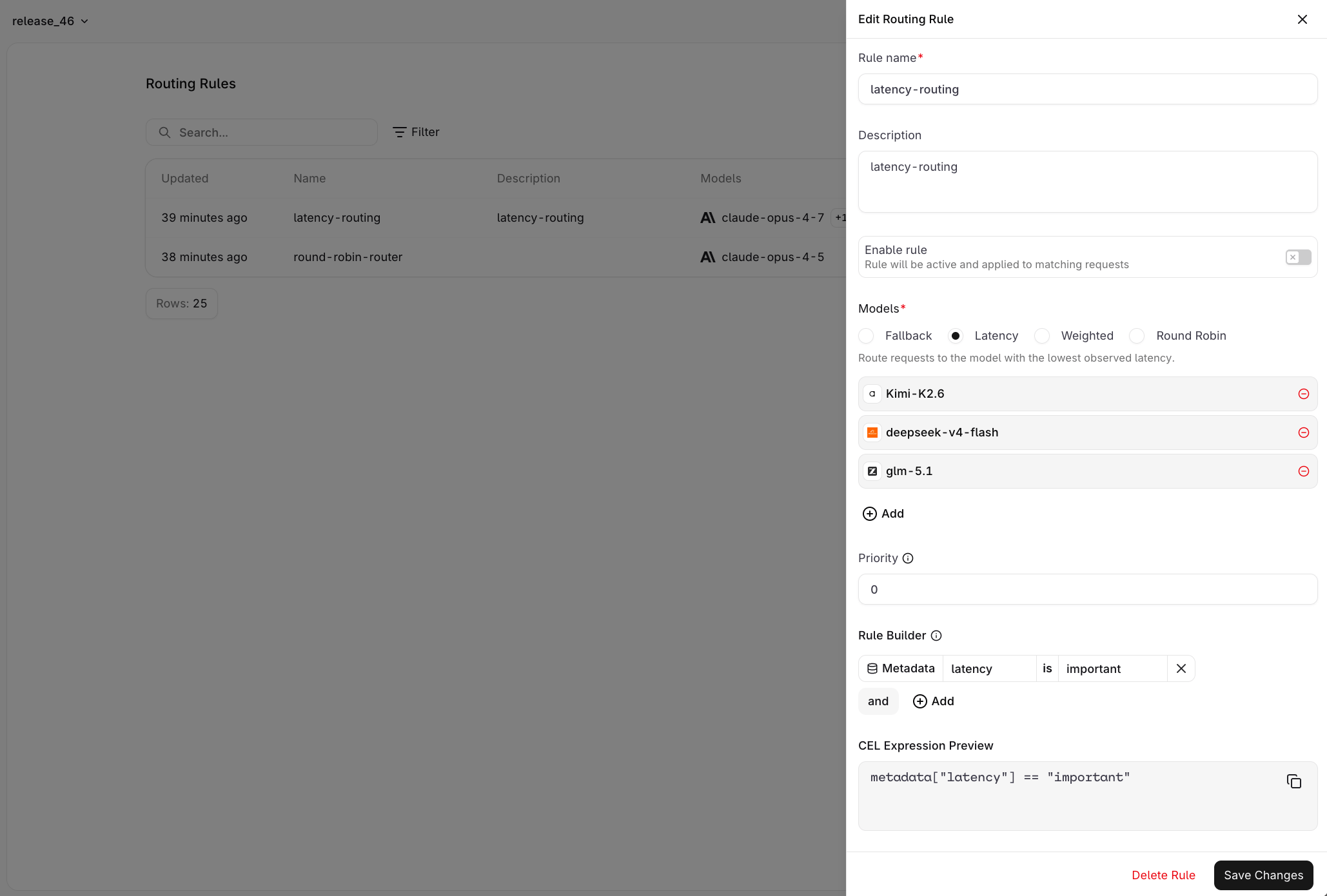Routing Rule panel showing the Models field with Fallback, Latency, Weighted, and Round Robin options, Latency selected with three target models, a Priority field, and a Rule Builder condition matching request metadata.