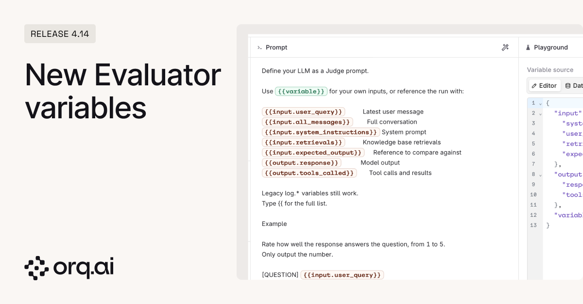 Evaluator prompt editor listing each input and output variable with its description, beside a panel showing the variable source as JSON