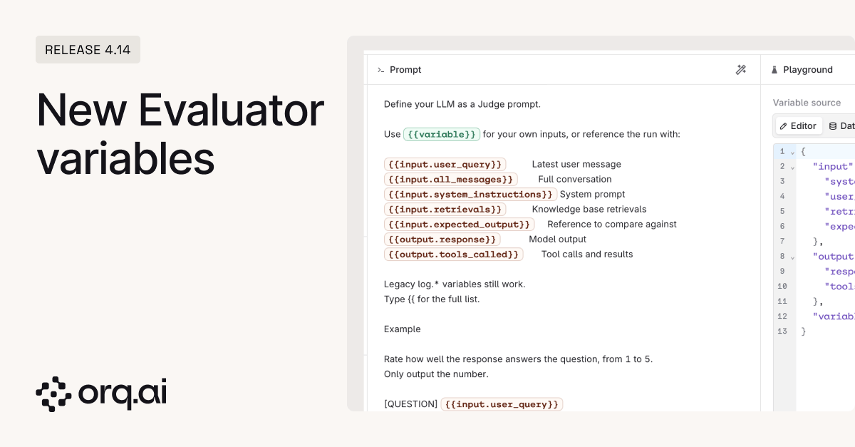 Evaluator prompt editor listing each input and output variable with its description, beside a panel showing the variable source as JSON