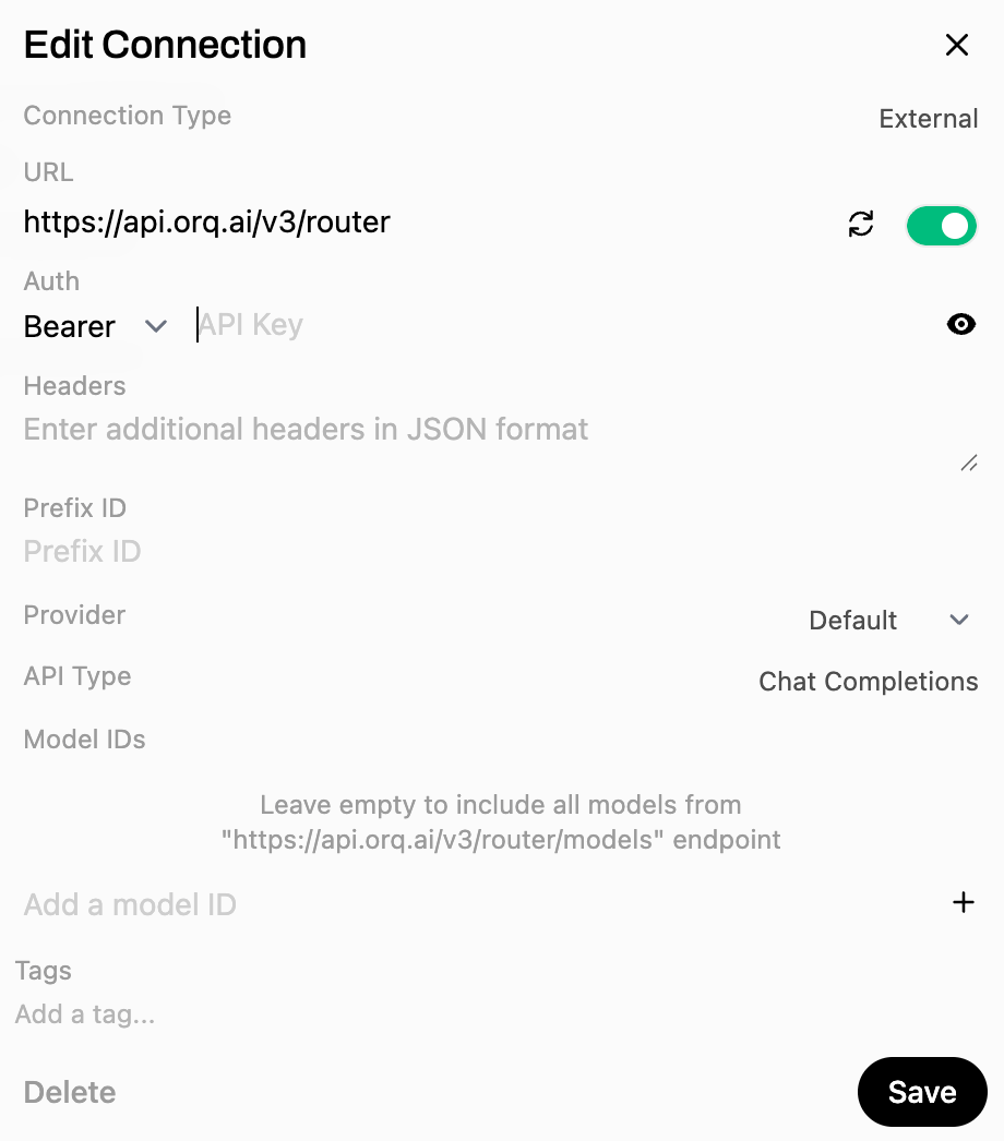 Open WebUI Edit Connection panel with the URL set to the orq.ai v3 router endpoint and Auth set to Bearer with an API Key field