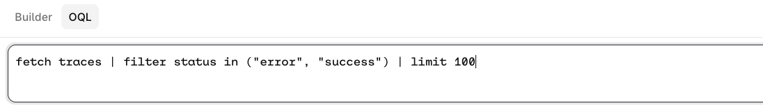 Trace query bar with the Builder and OQL tabs, OQL selected, and the editor holding a fetch traces query that filters on two status values and limits the result to 100 rows.
