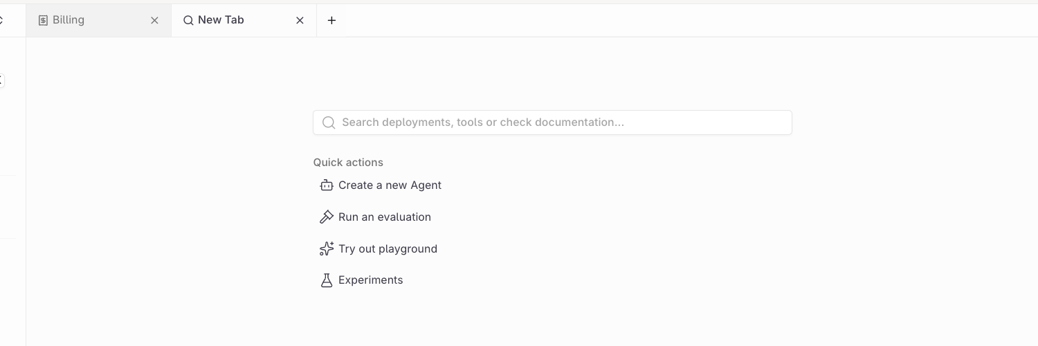 Tab bar showing the Billing and New Tab tabs, each with an X, and a plus button, above the New Tab page with its workspace search field and Quick actions