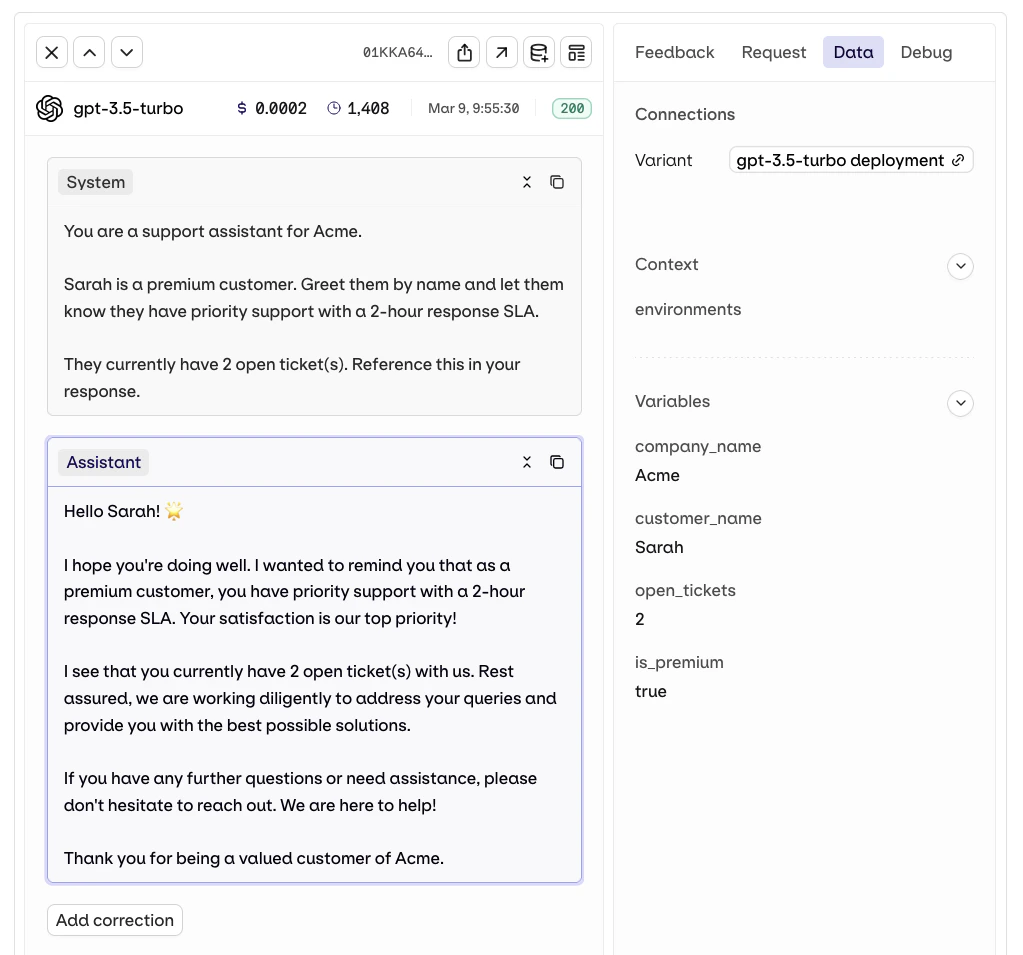 Trace showing the rendered Mustache prompt for a premium user