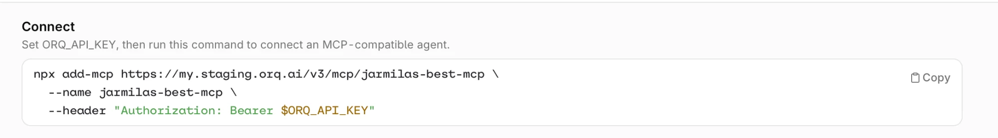 Connect section showing an npx add-mcp command with the MCP Gateway URL, a name flag, and an Authorization bearer header