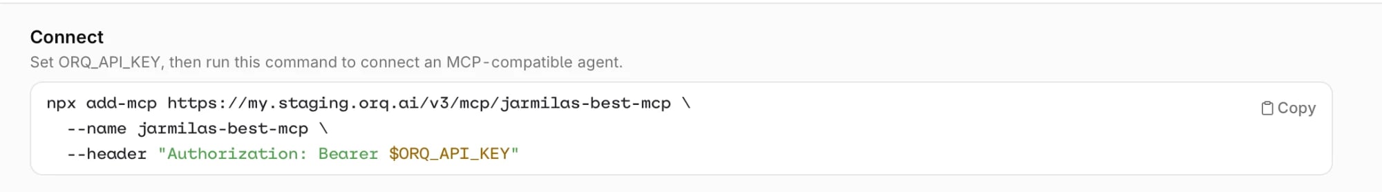Connect section showing an npx add-mcp command with the MCP Gateway URL, a name flag, and an Authorization bearer header