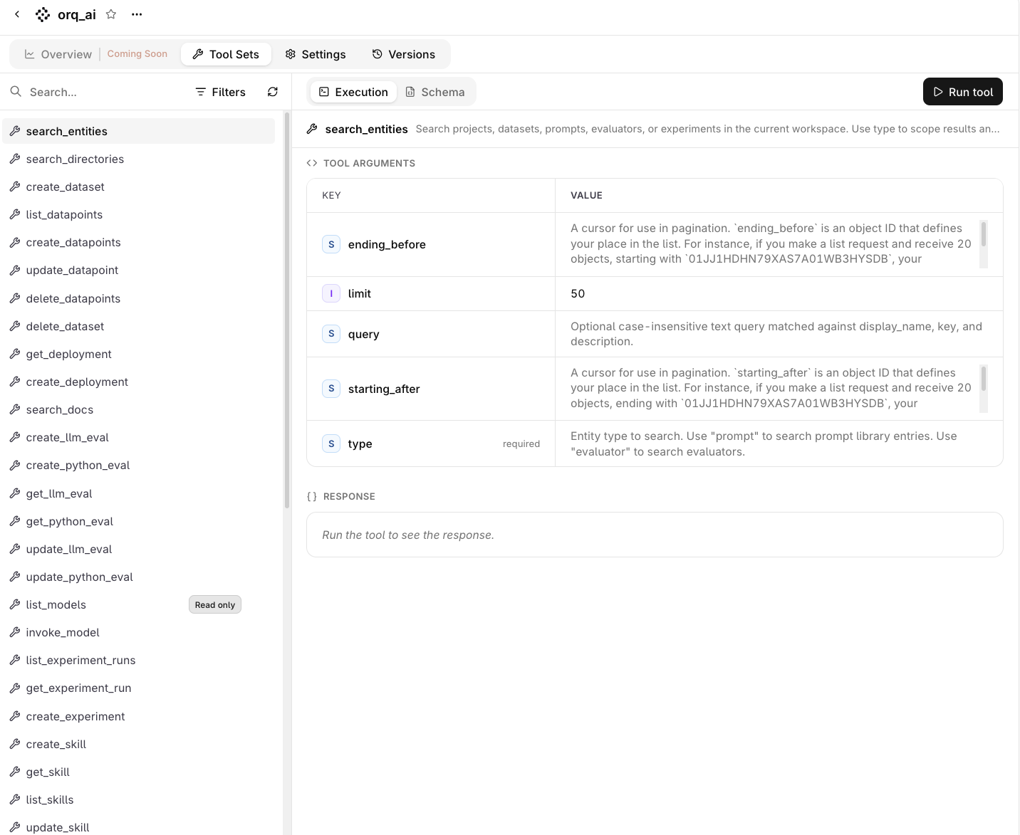 MCP Server detail page showing a list of discovered tools on the left and the search_entities tool arguments, execution panel, and Run tool button on the right