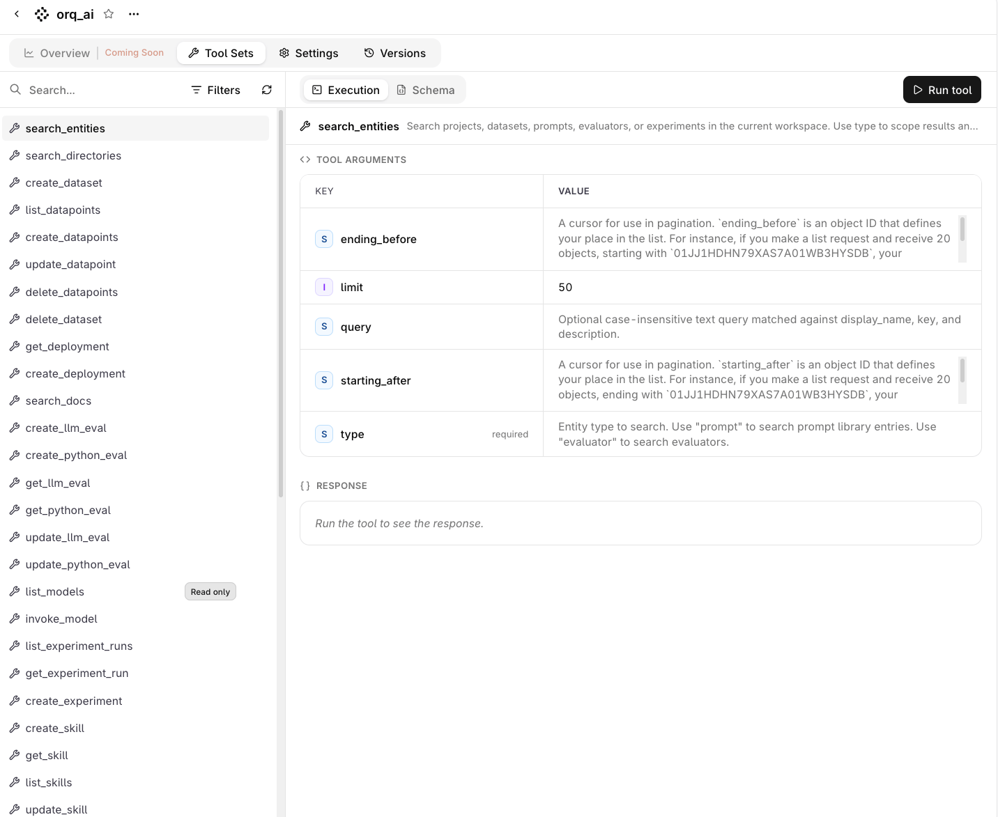 MCP Server detail page showing a list of discovered tools on the left and the search_entities tool arguments, execution panel, and Run tool button on the right
