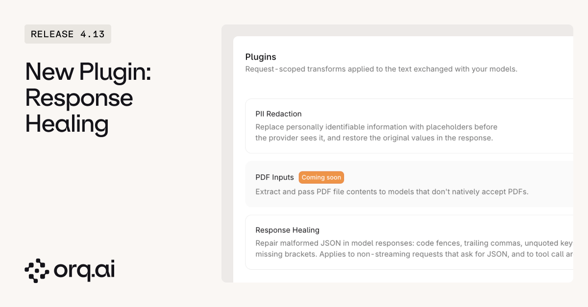 Release 4.13 banner announcing the Response Healing plugin next to the plugins list in settings