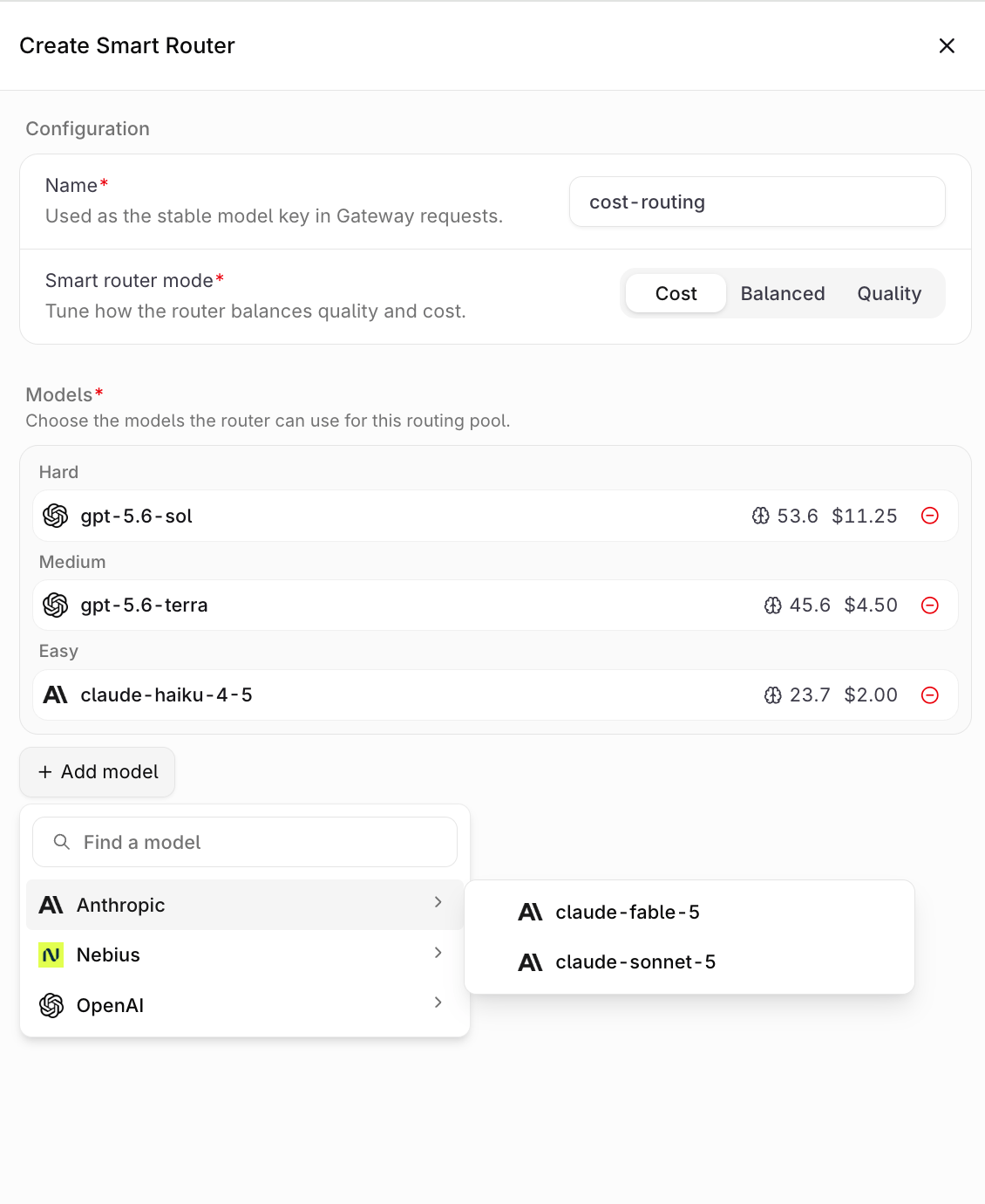 Create Smart Router sheet with a name, the mode toggle set to Cost, and a pool of three models grouped into the Hard, Medium, and Easy bands, with the model picker open