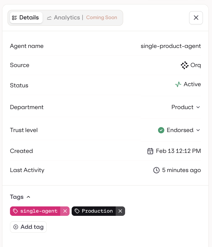 Agent row detail showing endorsement badge, department, cost, invocations, and last active