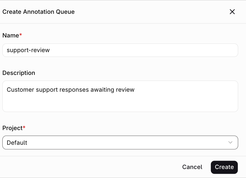 Create Annotation Queue panel with a Name field, a Description field, and a required Project selector set to Default, with Cancel and Create buttons.